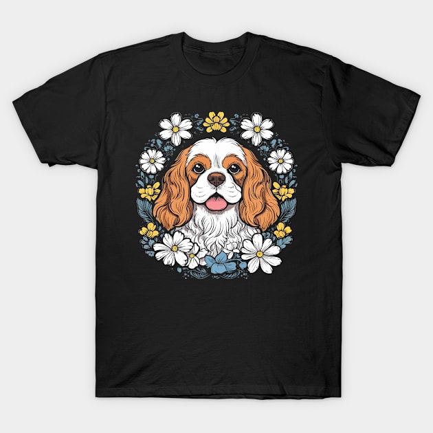 King Charles Spaniel with daisies illustration T-Shirt by gezwaters